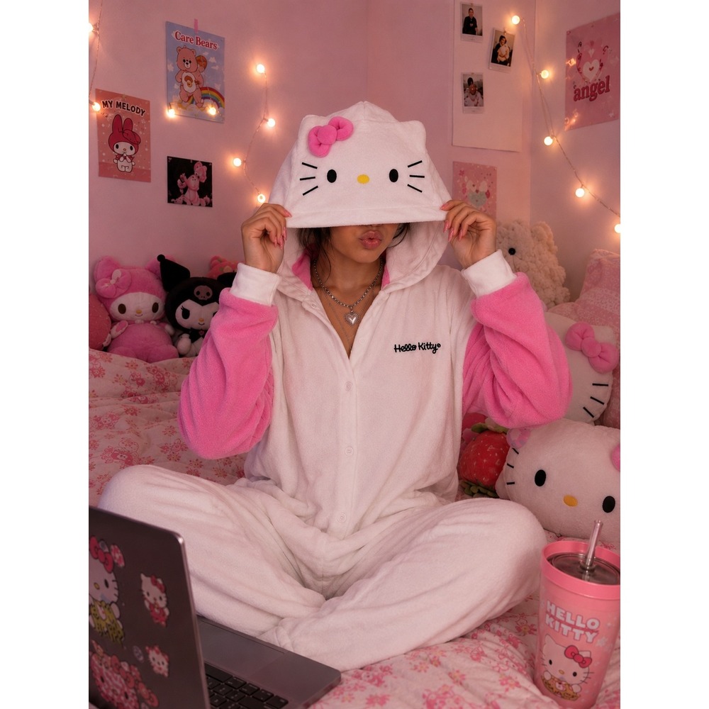 Hello Kitty & Friends x Forever 21 Hooded Fleece One Piece PJ Jumpsuit Kawaii